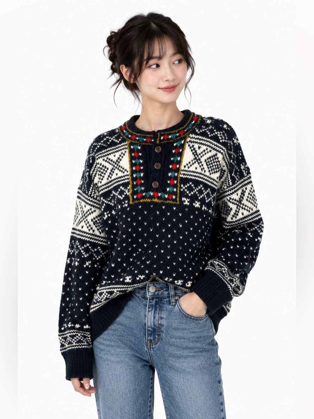 Vintage Boho Fair Isle Nordic Wool Hand Knit Sweater Cottagecore Cabincore